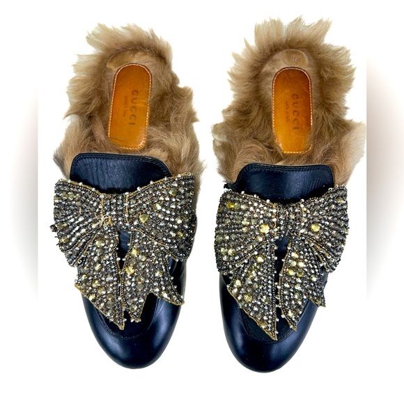 GUCCI PRINCETOWN BLACK LEATHER MULE SLIPPERS WITH CRYSTAL EMBELLISHMENTS - Picture 3 of 8